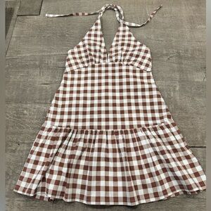 Free People Brown Gingham Halter Mini Dress | Cottagecore | NWT | Size M